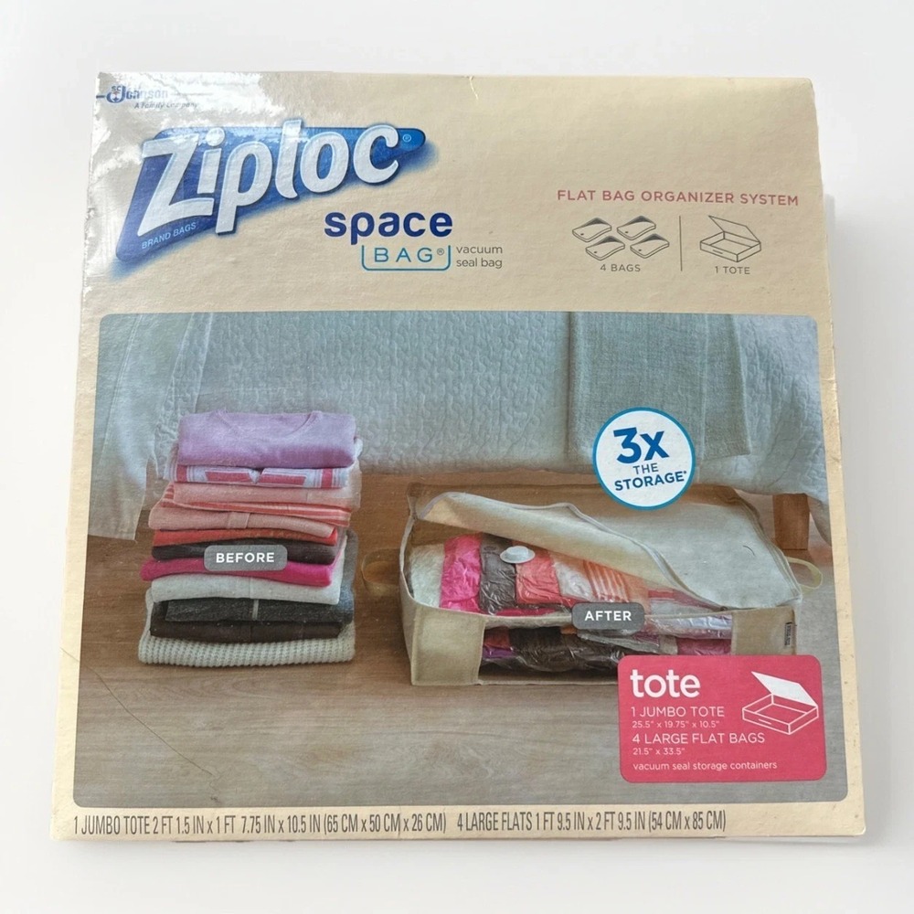 Ziploc Space Bag 1 Jumbo Tote 4 Large Flat Storage Compression Bags Reusable NEW